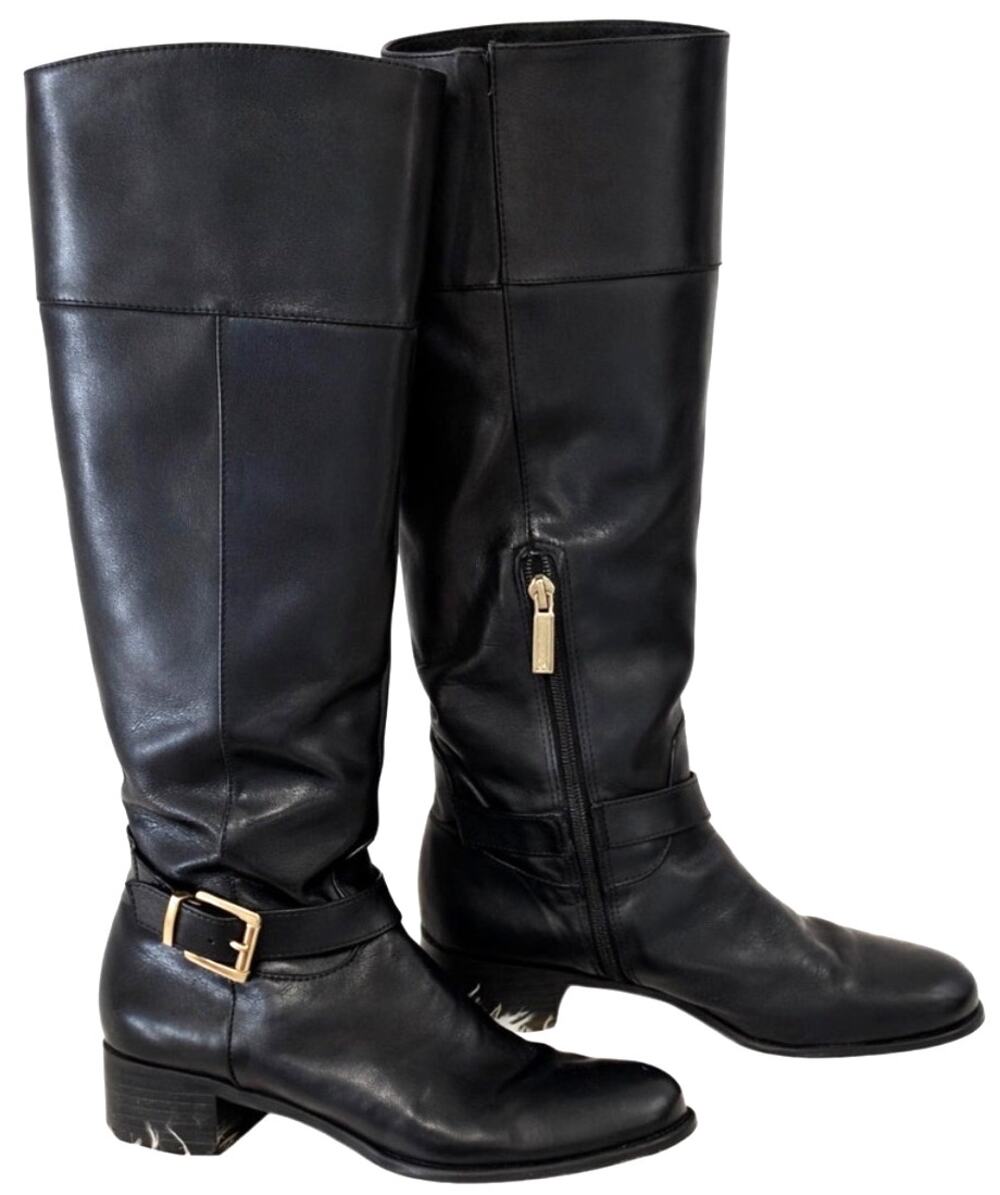 Banana Republic Black Leather Riding Boots 8 Gold Buckle Zip Classic Equestrian
